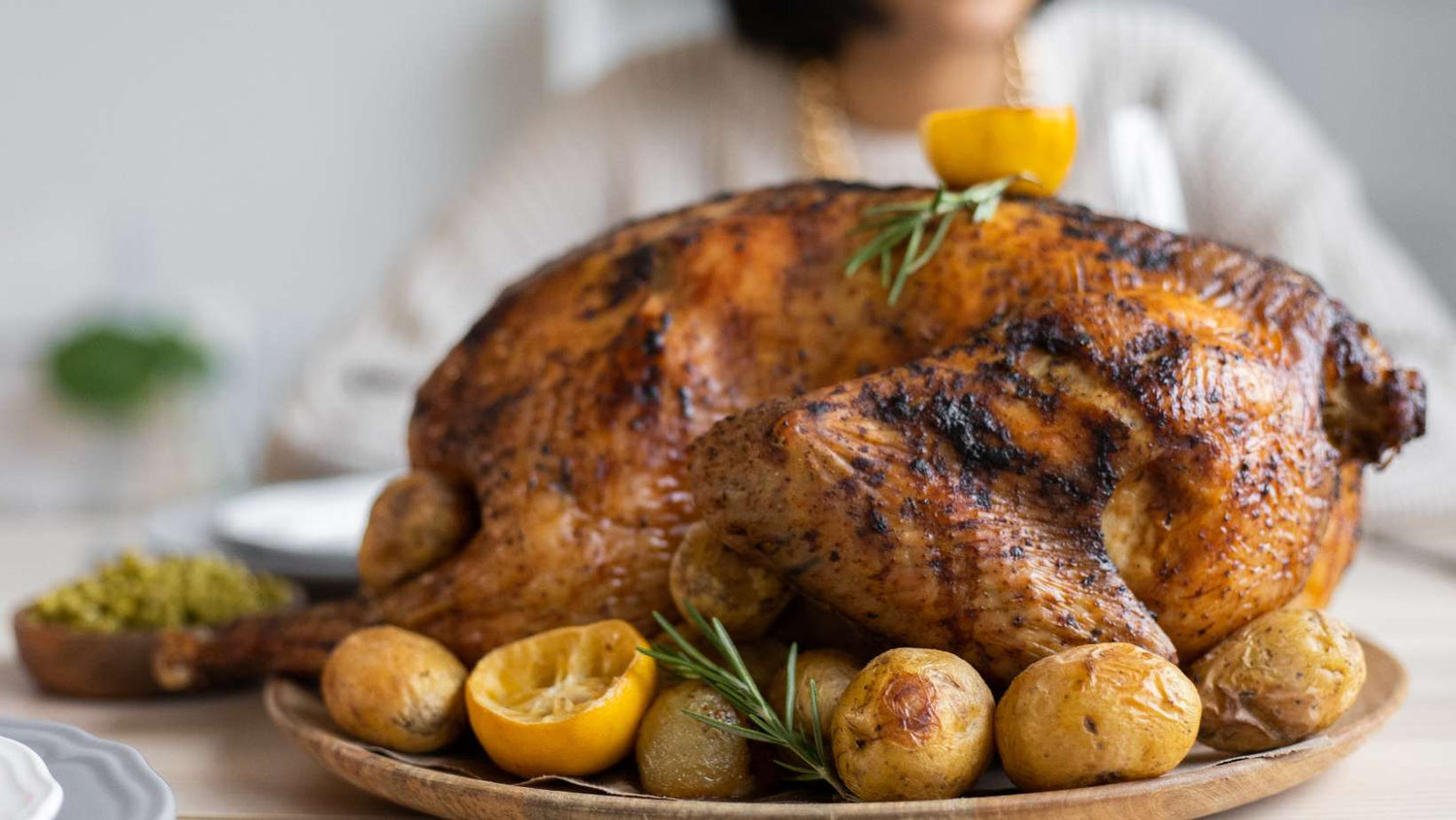 Roasted turkey on wooden tray