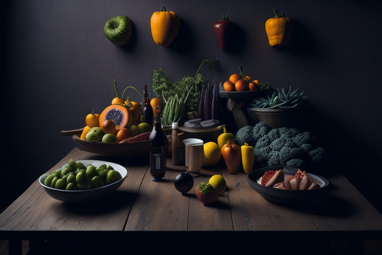 wooden table, overflowing with a variety of freshly-picked fruits, vegetables, and meats, illuminated by a warm, natural light.